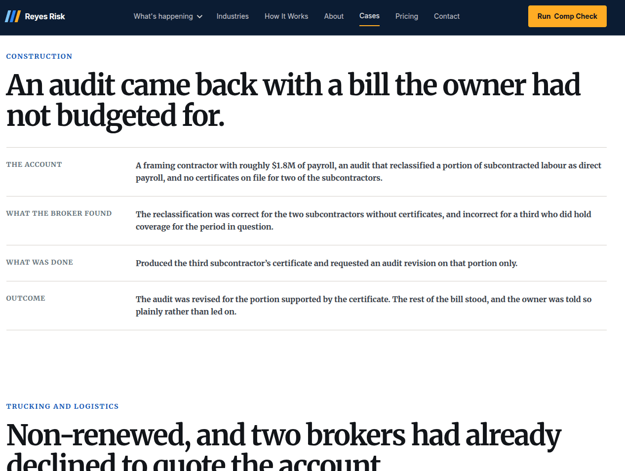 A case page describing an audit that came back with an unbudgeted bill, what the broker found, what was done and the outcome